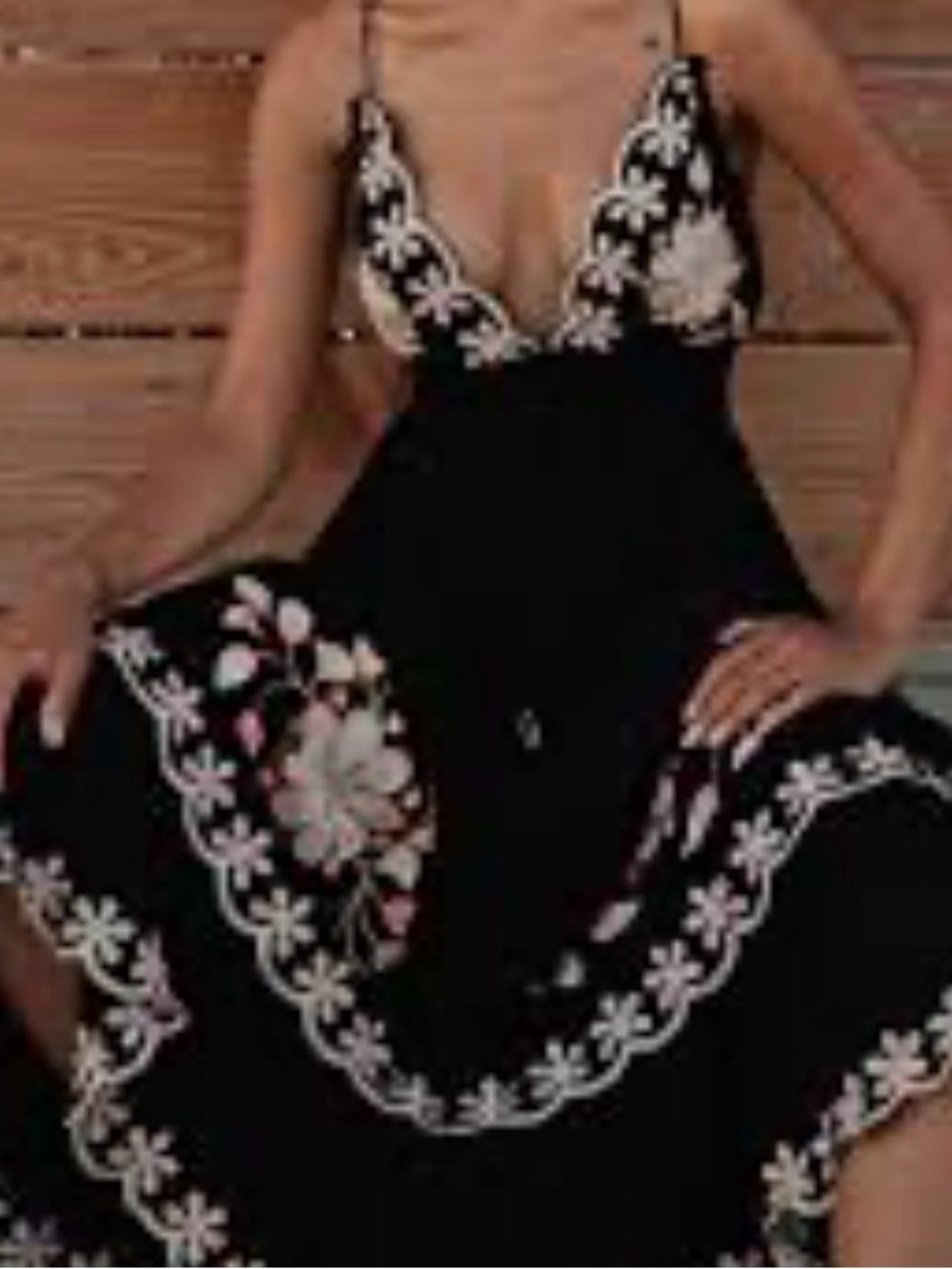 French Connection Black Mini Dress with White Floral Embroidery